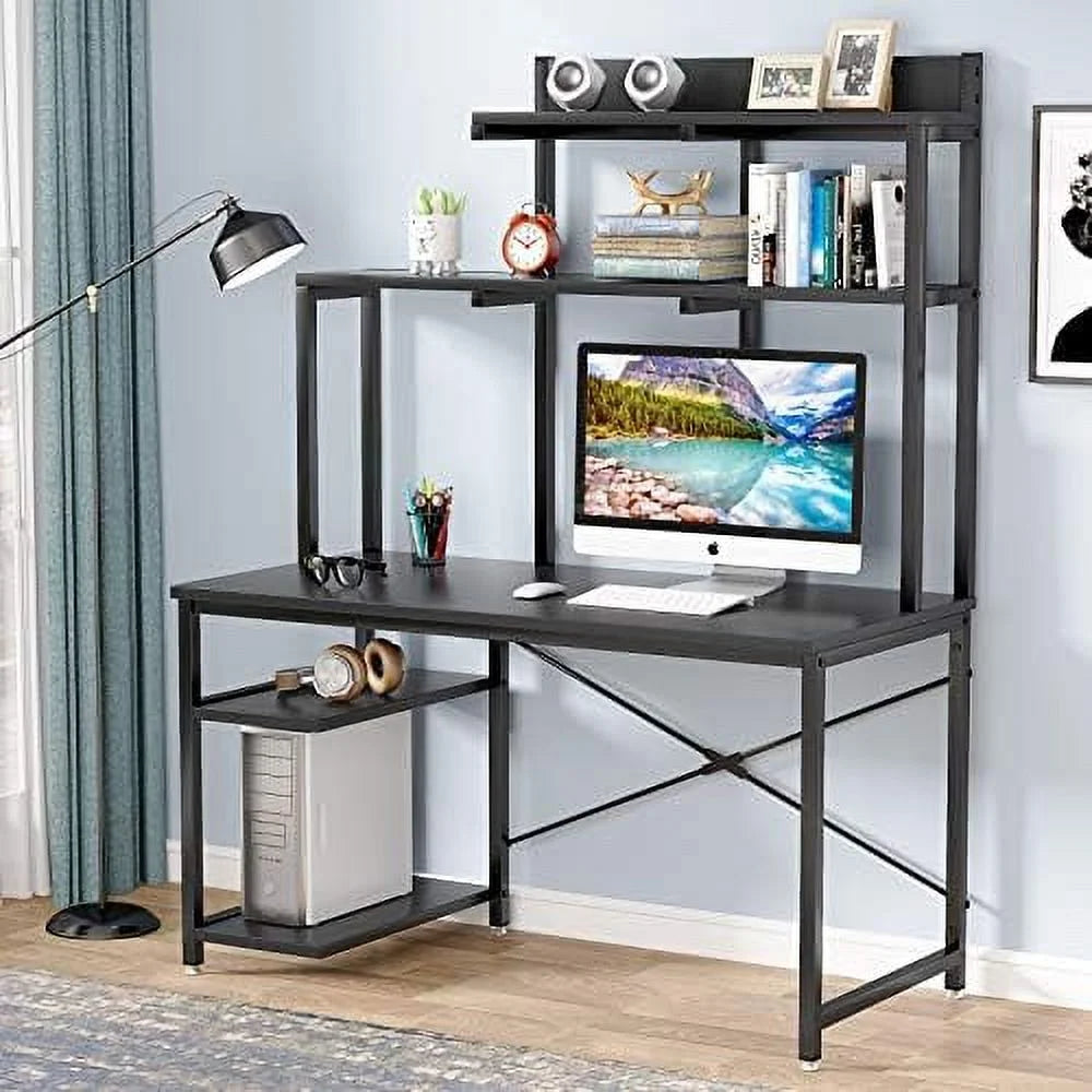 Black 47 Inch Computer Desk with Shelves and Hutch I6522