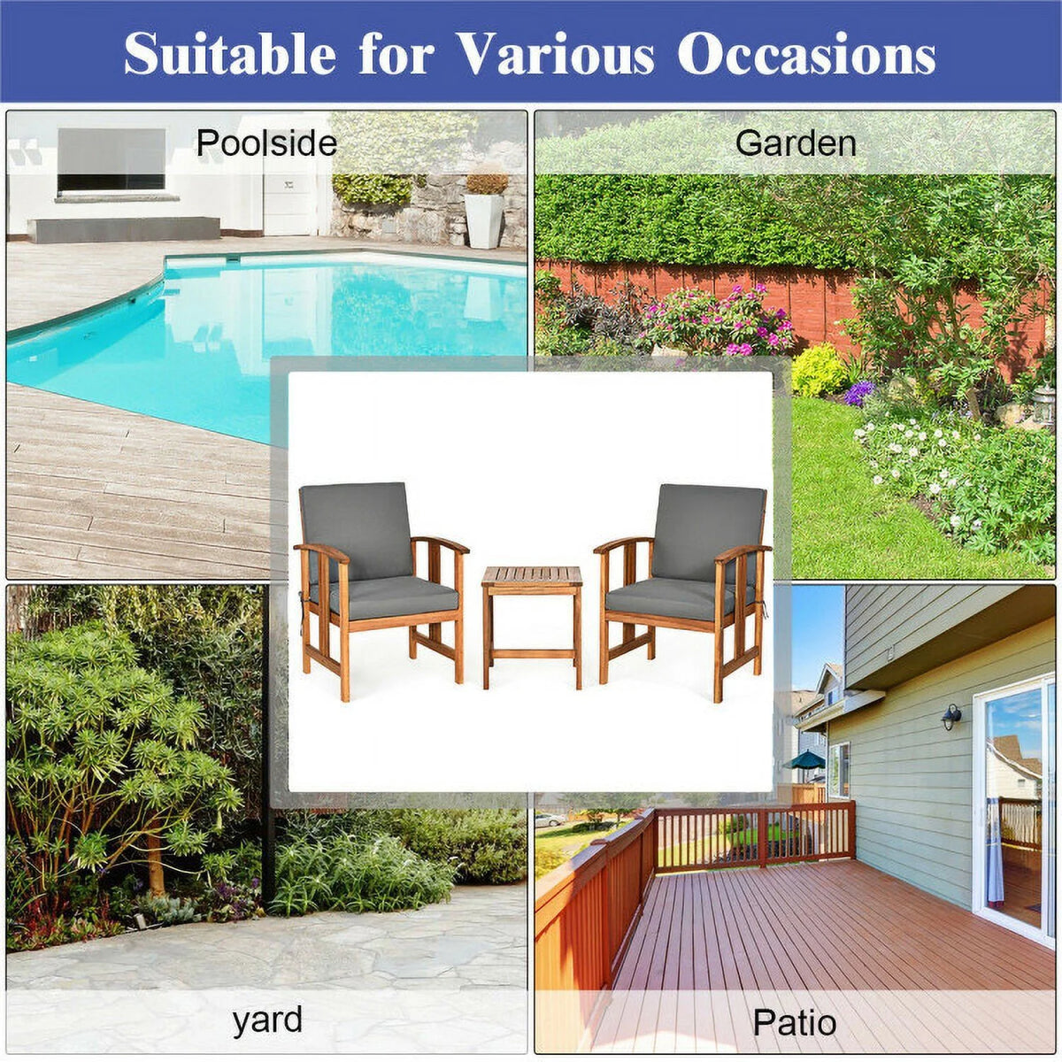 Acacia Wood 3-Piece Patio Sofa Set Q463