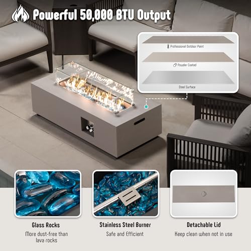 Propane Fire Pit Table Set with Tank Holder, 50,000 BTU Outdoor Firepit Table, Wind Guard & Glass Stones, Rectangular Fire Table T36931