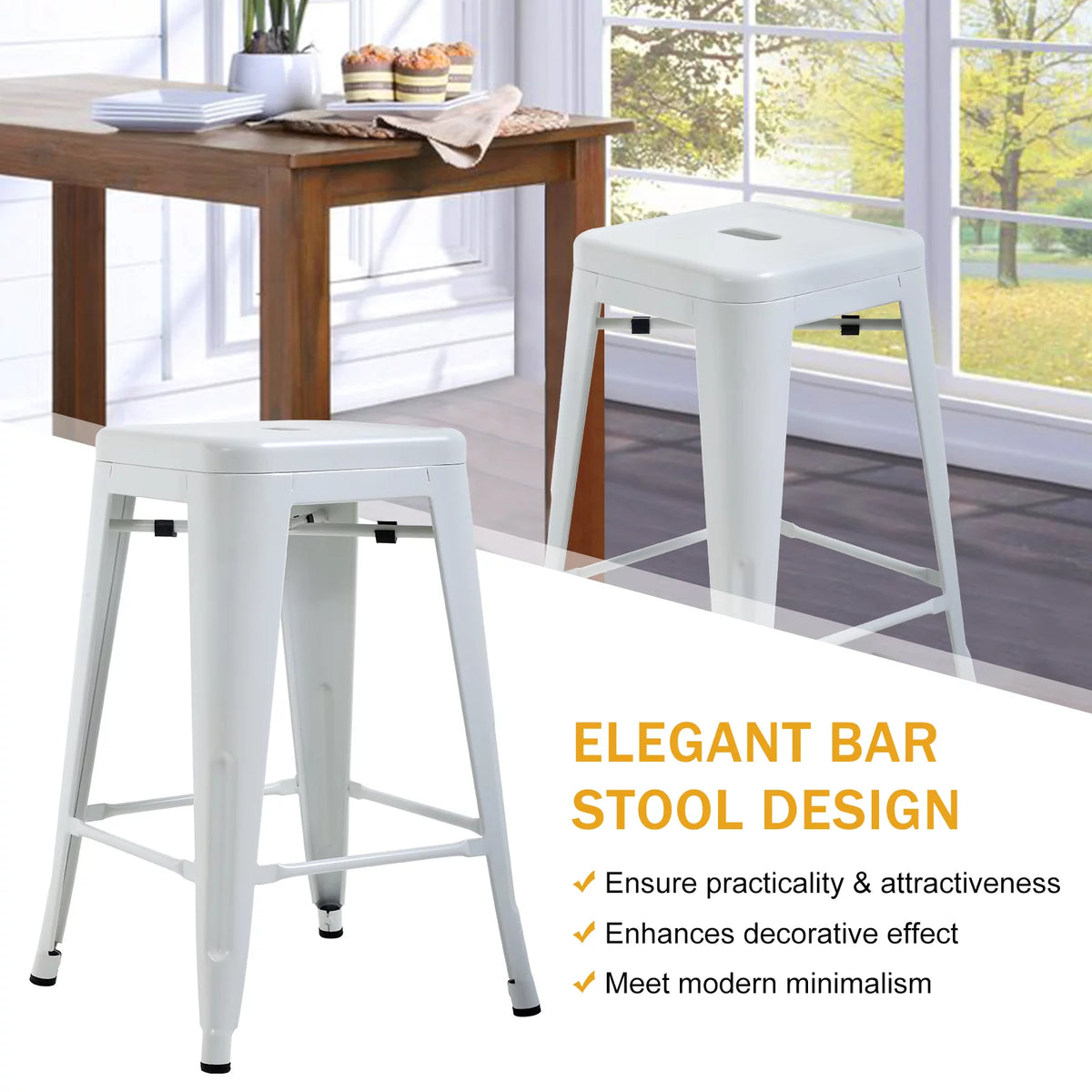 Metal Bar Stools Set of 4, 24 inch White Stackable Backless Counter Height L575003