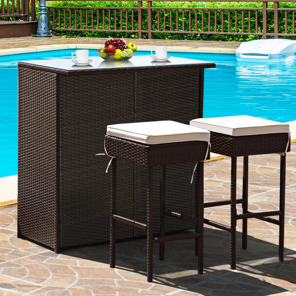3PCS Patio Rattan Wicker Bar Table Stools Dining Set C253