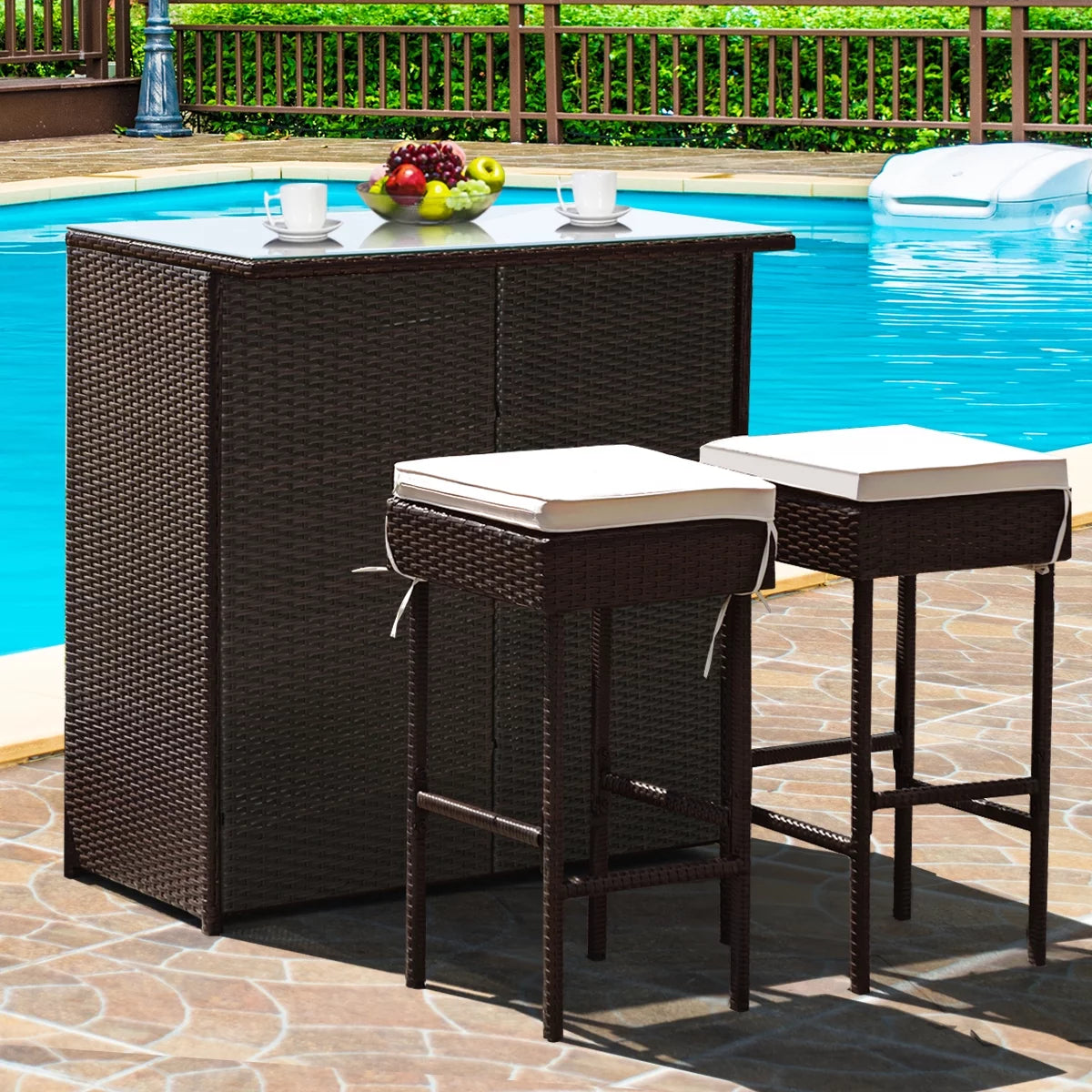 3PCS Patio Rattan Wicker Bar Table Stools Dining Set C253