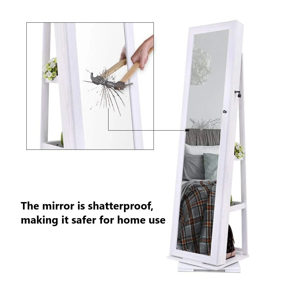 White Free-Standing Rotatable Jewelry Armoire with Mirror G84589