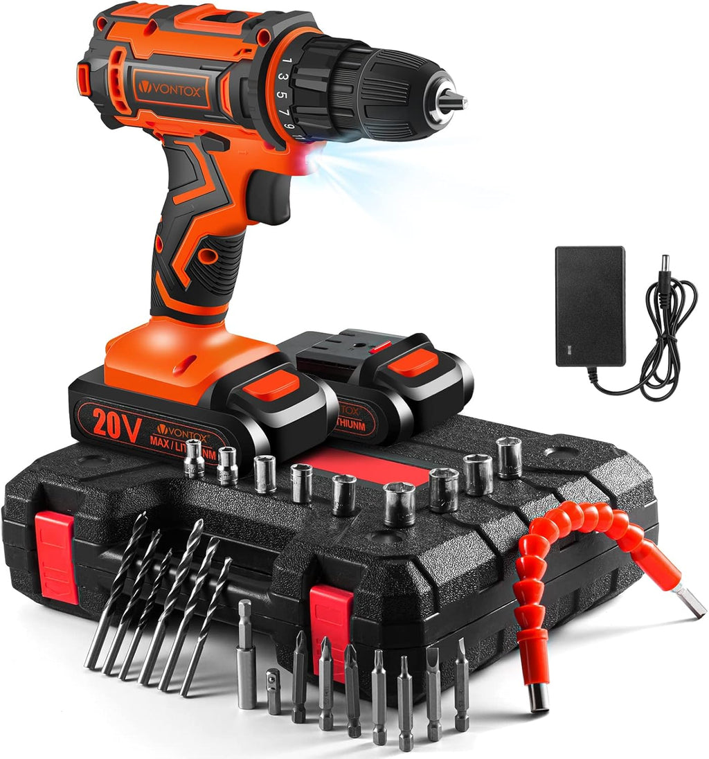 20V Cordless Drill with 2 Batteries 2000mAh and Fast Charger, 3/8" Keyless Chuck, 2 Variable Speed, 370 In-lb Torque A833074