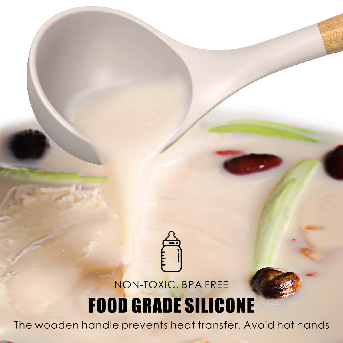 Silicone Cooking Utensils Set Wooden Handles Non-Stick Cookware X1150