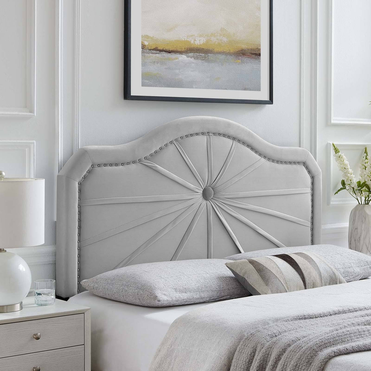 Light Gray Pleated Performance Velvet Full/Queen Headboard T939456