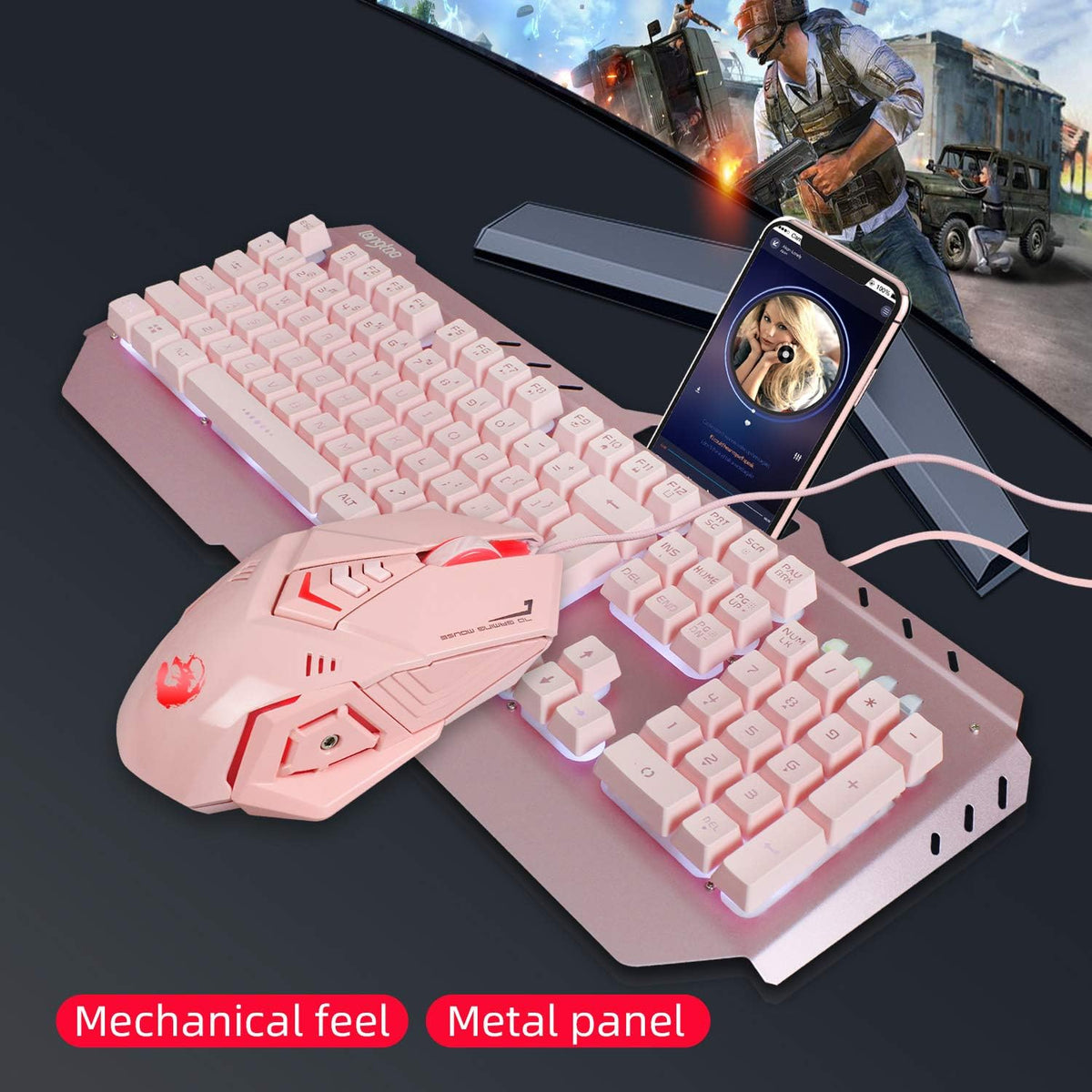 Pink 4-in-1 Gaming Keyboard Mouse Headset Combo, White Led Backlit 104 Keys Ergonomic Gamer Keyboard, 4800DPI Optical Game Mouse, 3.5mm Stereo Headset Z683117