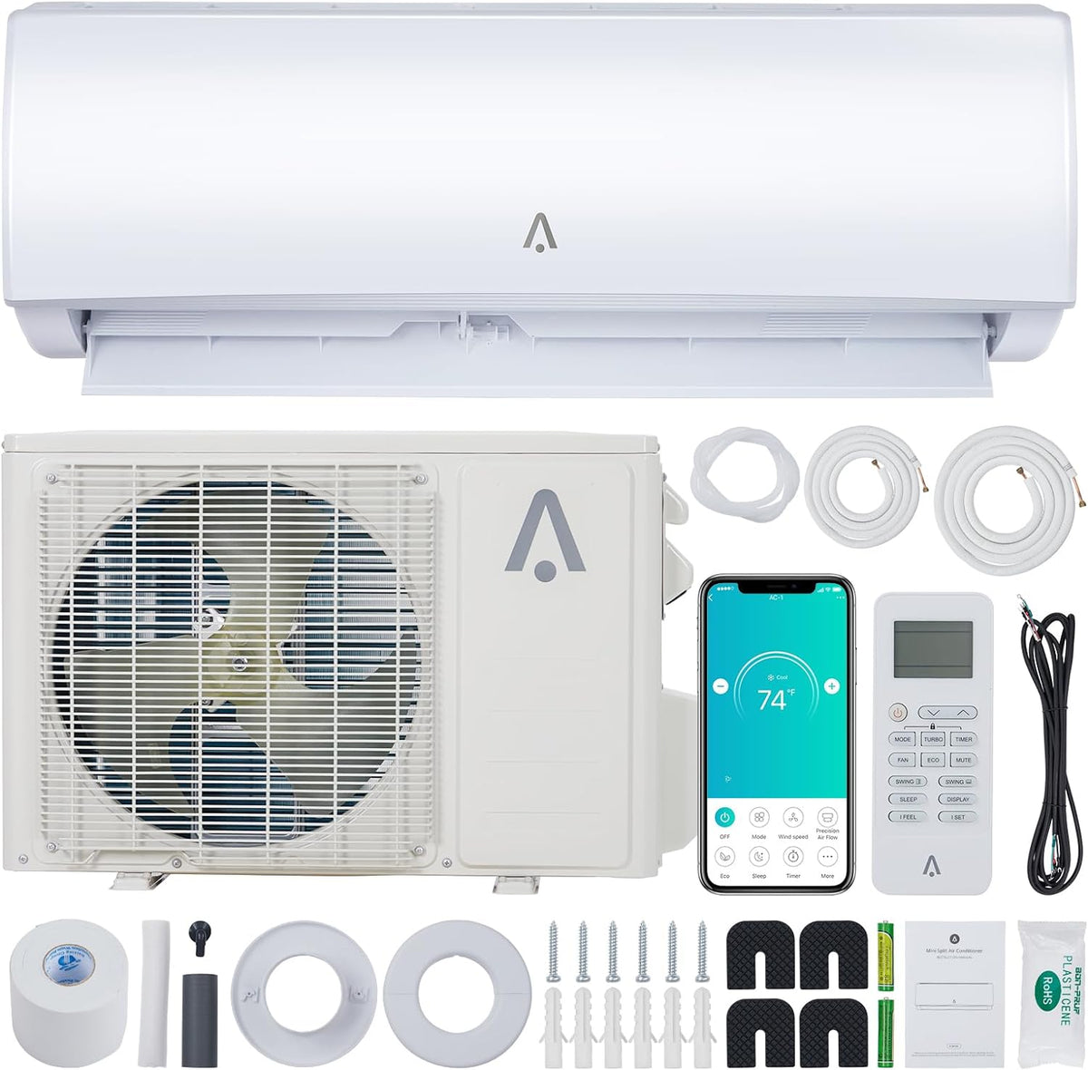 18000 BTU Smart Mini Split AC/Heating System 19 SEER Inverter Air Conditioner with Heat Pump Q12140