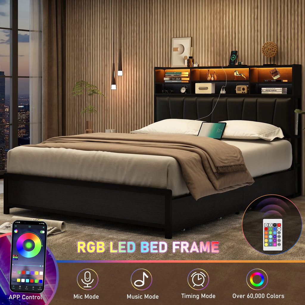 White Queen Size LED Platform Storage Bed Frame with Charging Station H99596