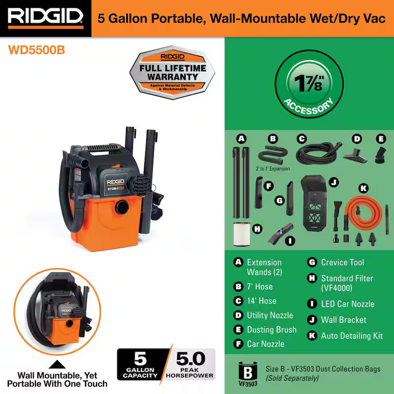 5 Gal. Portable Wet/Dry Shop Vacuum with Car Cleaning Kit G831