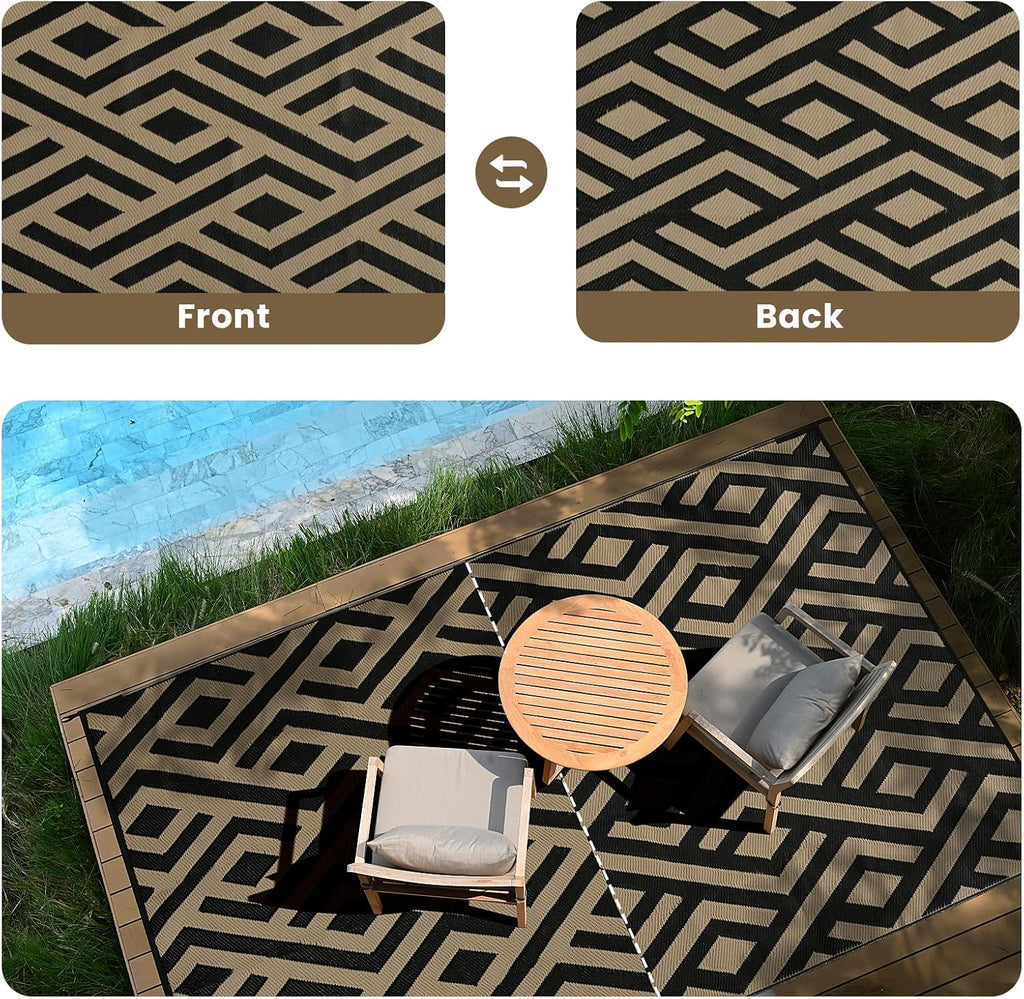 Black & Beige Outdoor Patio Rug with Carry Bag A5492