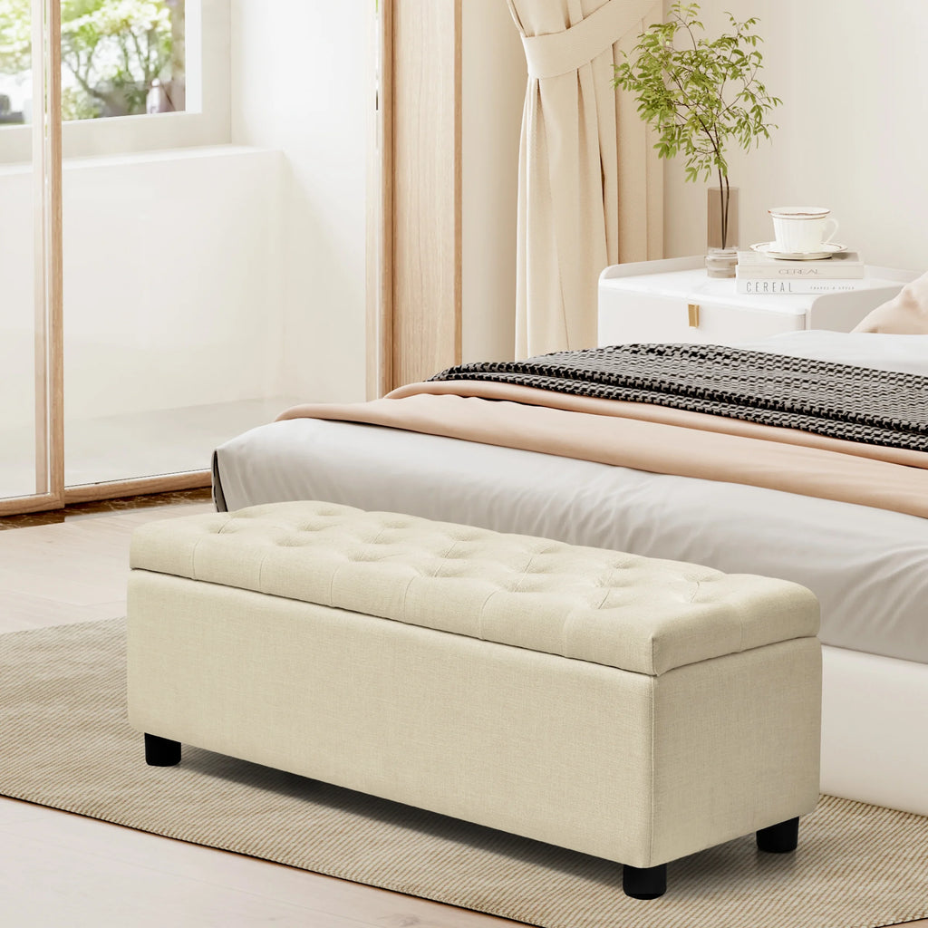 Beige Linen Fabric Storage Ottoman Bench W65327