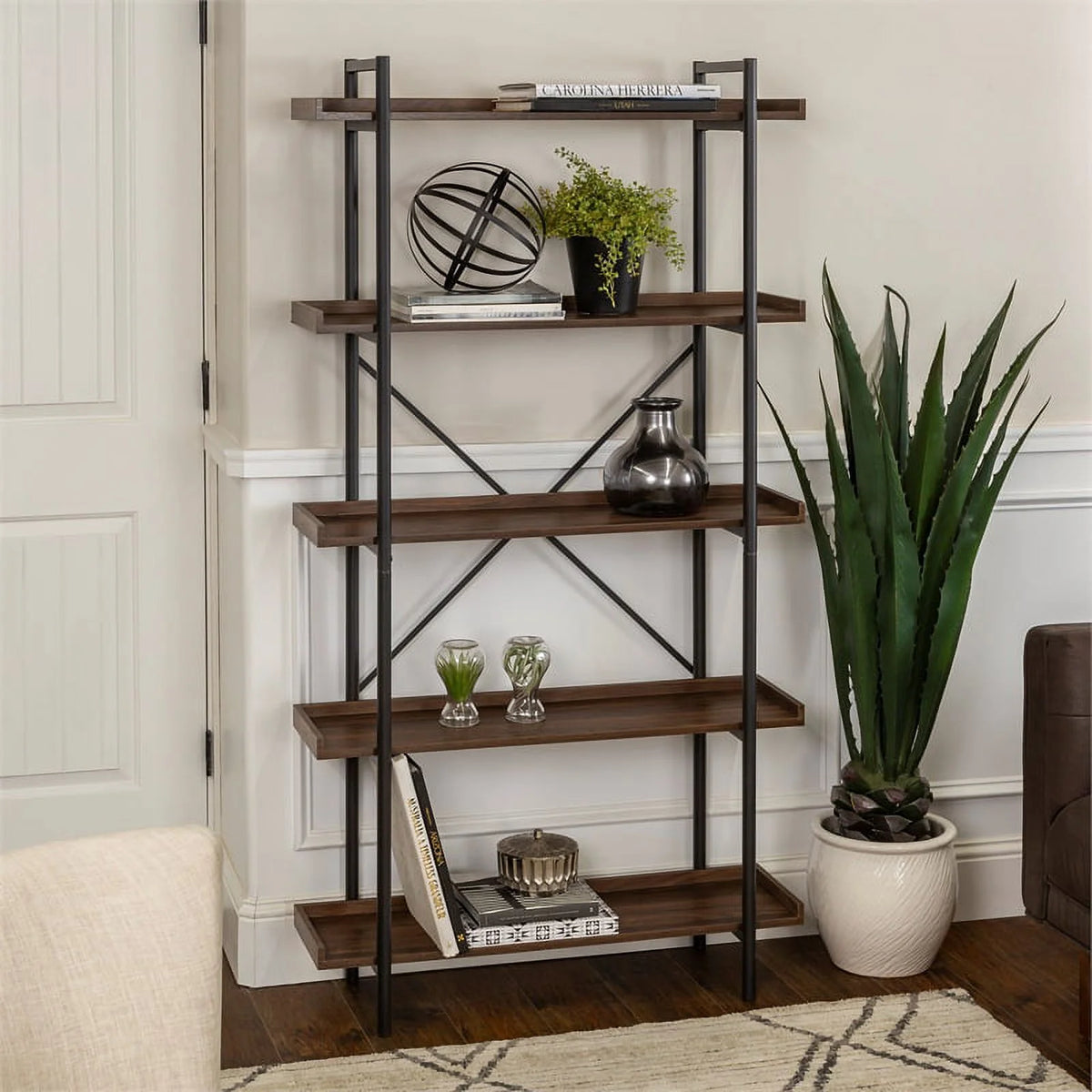 5 Shelf Dark Walnut Wood Bookshelf Set of 2 Y927