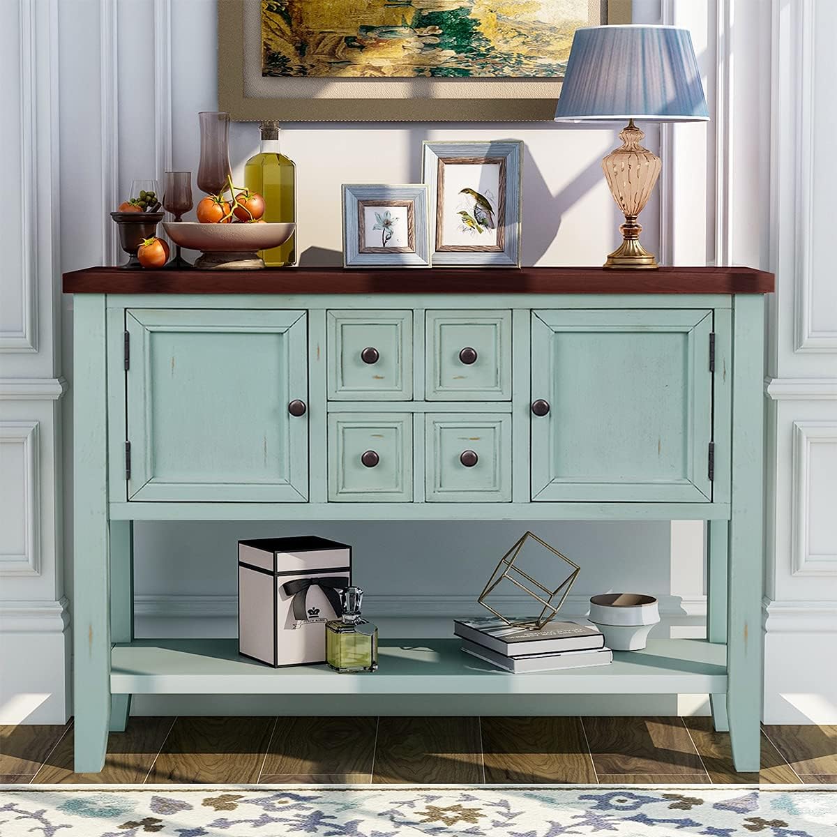 Solid Wood Console Table 3 Drawers 2 Cabinet 1 Shelf P558407