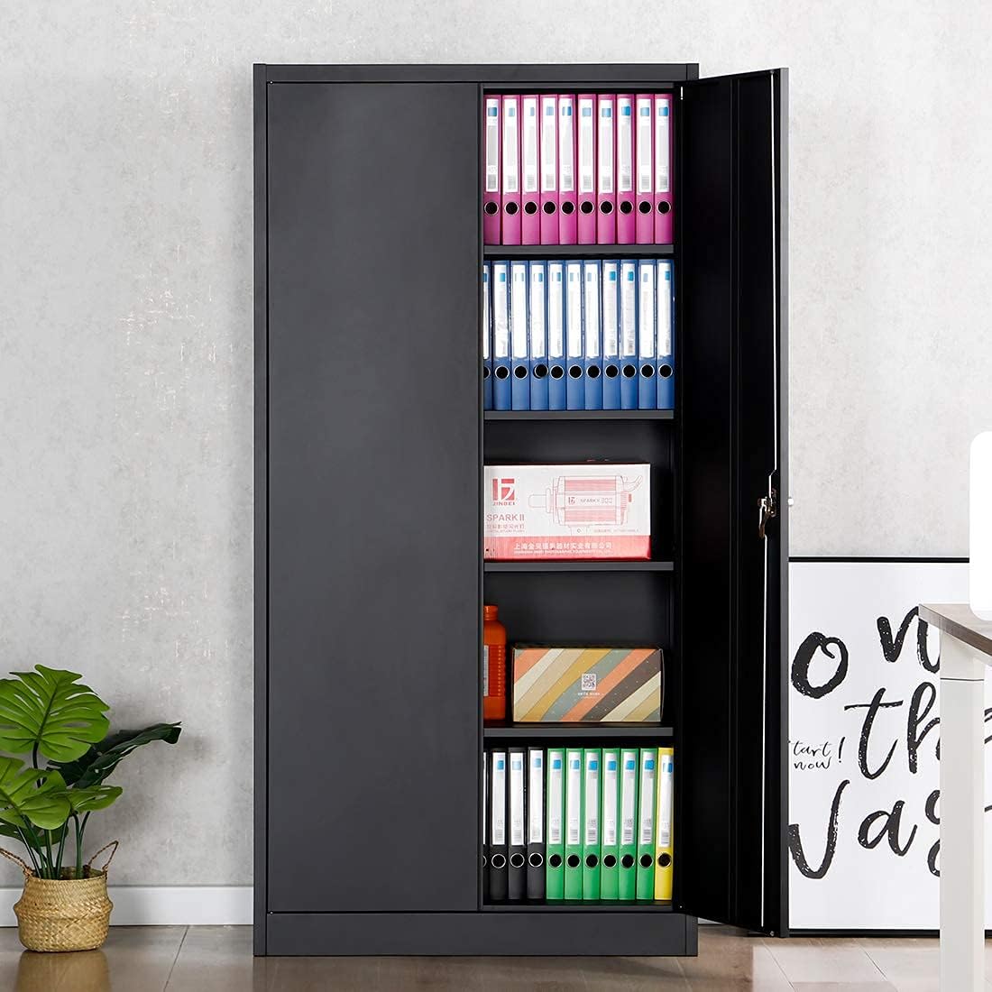 Black Metal Storage Cabinet with 2 Locking Doors and 5 Shelves D4589
