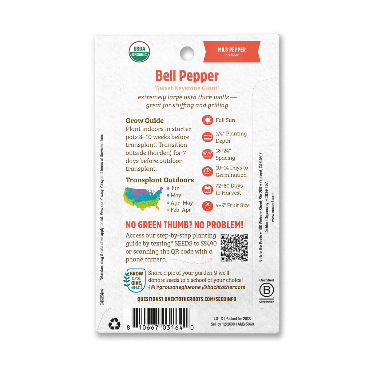 Organic Sweet Keystone Giant Bell Pepper Seeds, 1 Seed Packet P733070