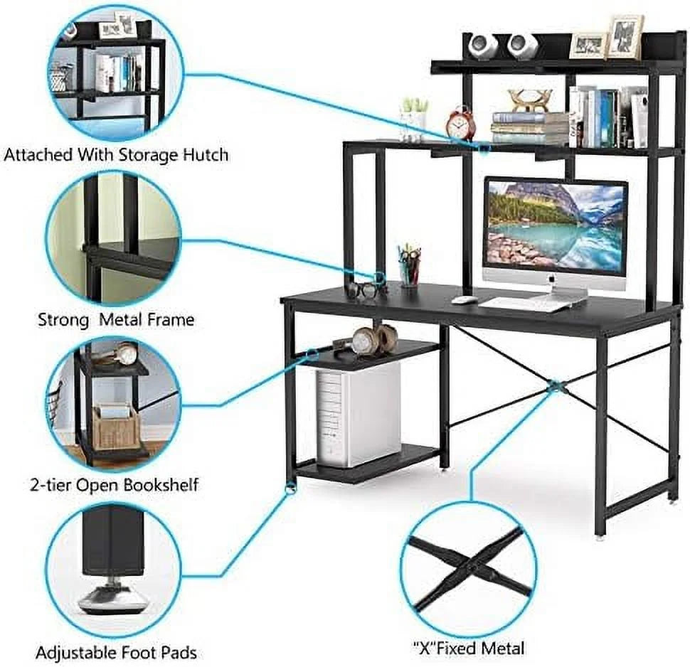 Black 47 Inch Computer Desk with Shelves and Hutch I6522