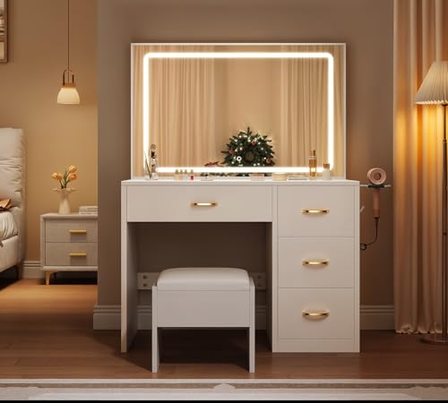White Vanity Desk with LED Mirror and 4 Drawers P4859