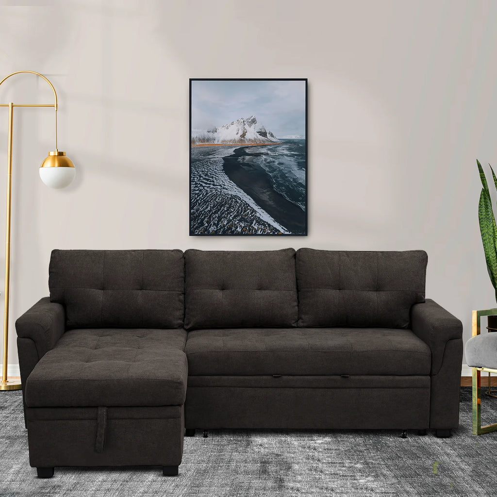 Black Air Leather L-Shaped Sleeper Sectional Sofa with Storage Chaise B331843