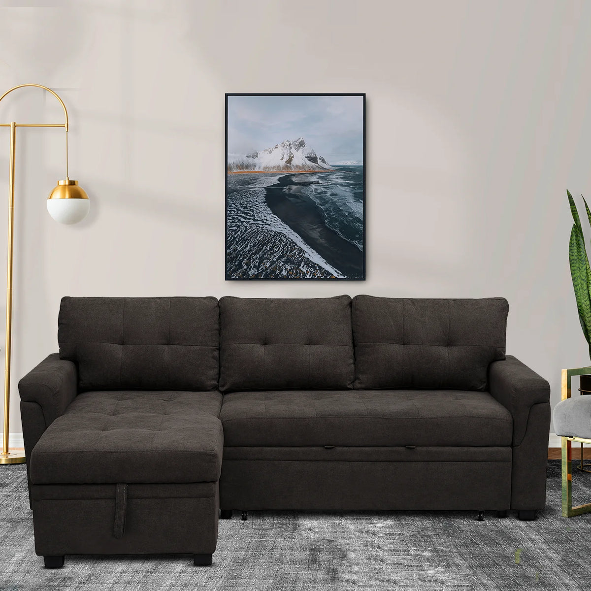 Black Air Leather L-Shaped Sleeper Sectional Sofa with Storage Chaise B331843