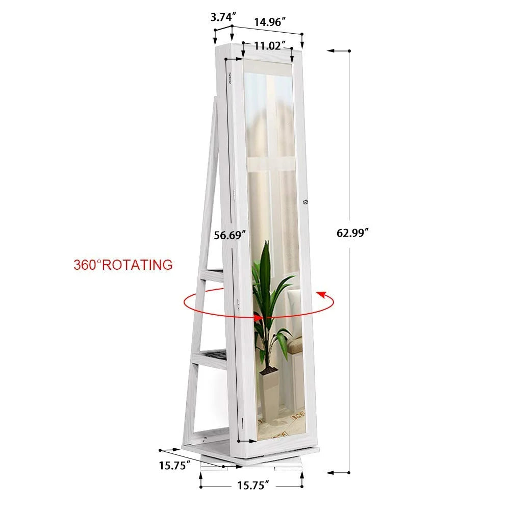 White Free-Standing Rotatable Jewelry Armoire with Mirror G84589