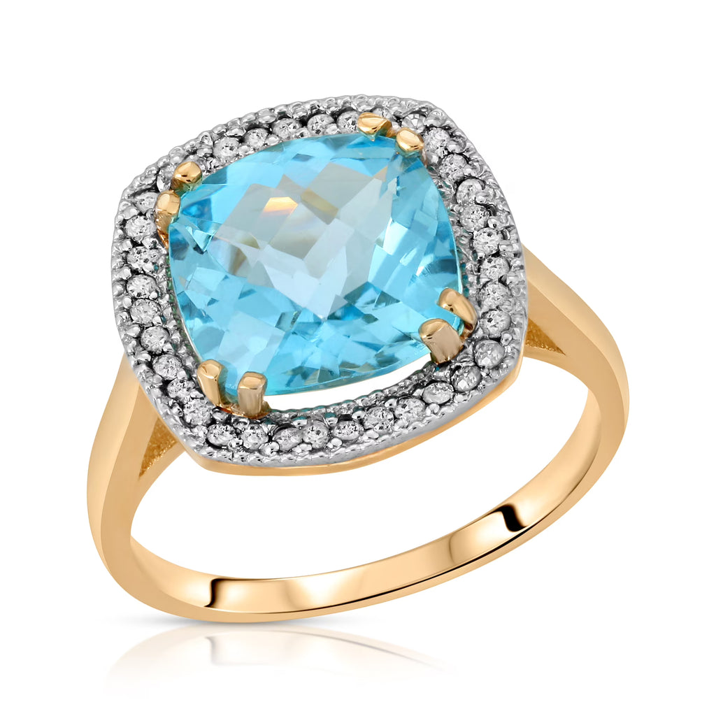 14K Solid Yellow Gold Cushion Cut 5.2 CTW Ring with Natural Diamonds and Blue Topaz K612