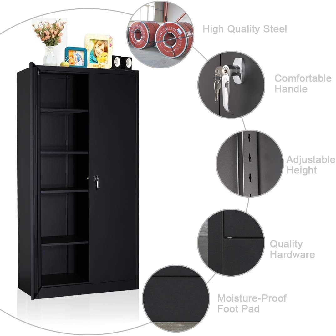 Black Metal Storage Cabinet with 2 Locking Doors and 5 Shelves D4589
