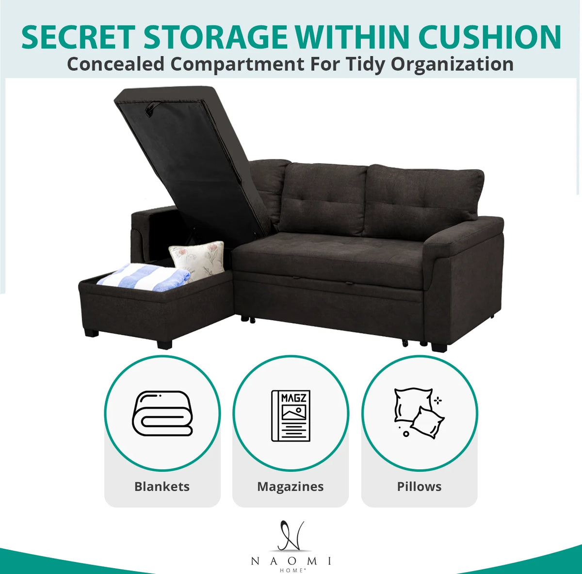 Black Air Leather L-Shaped Sleeper Sectional Sofa with Storage Chaise B331843