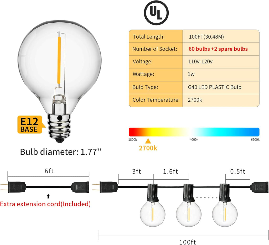 100ft 62 Dimmable G40 LED Clear Bulbs Waterproof Globe String Lights G660