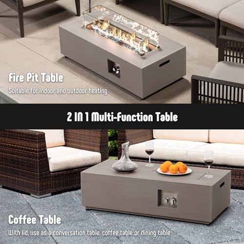 Propane Fire Pit Table Set with Tank Holder, 50,000 BTU Outdoor Firepit Table, Wind Guard & Glass Stones, Rectangular Fire Table T36931