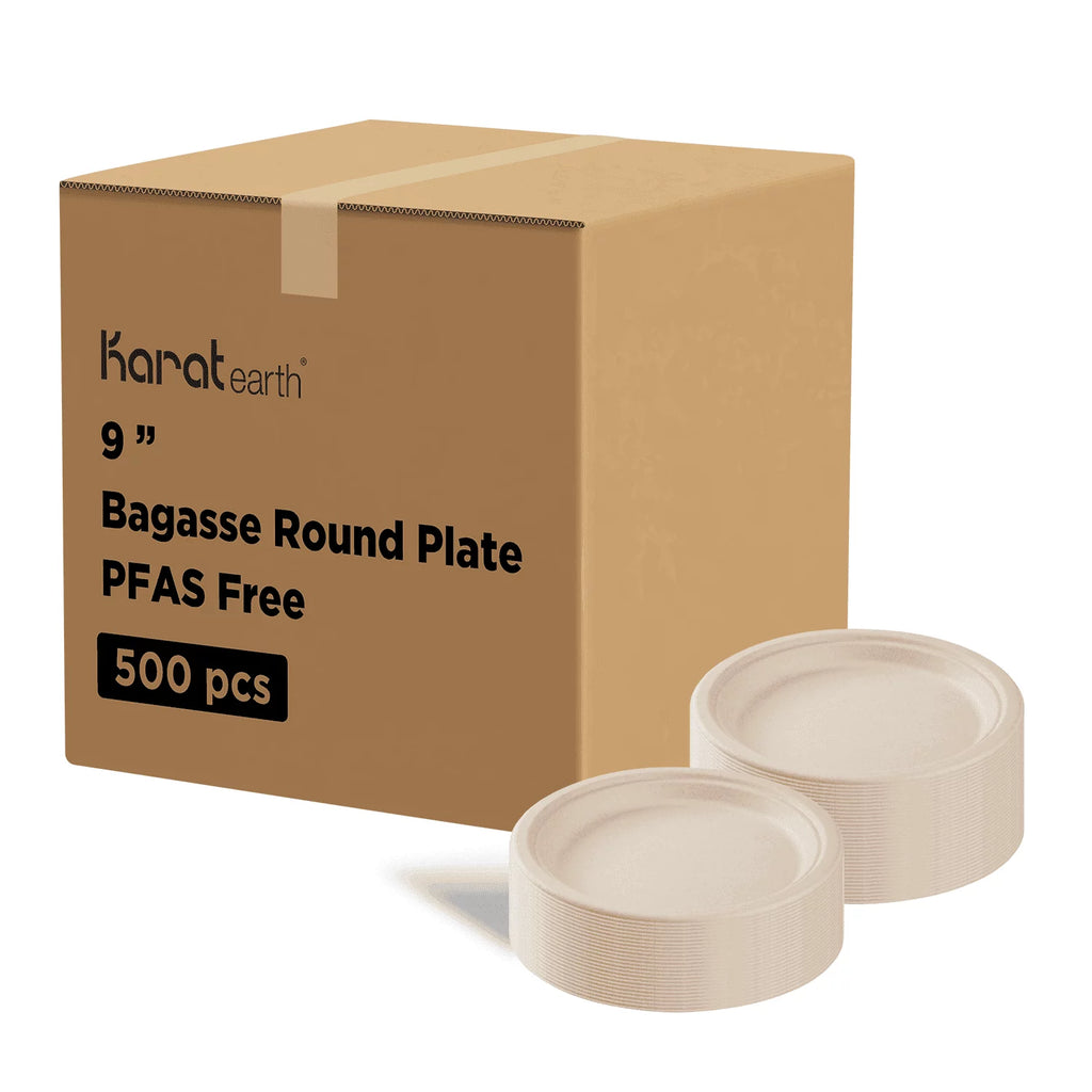 9'' PFAS Free Compostable Bagasse Round Plates, 500 ct U604100
