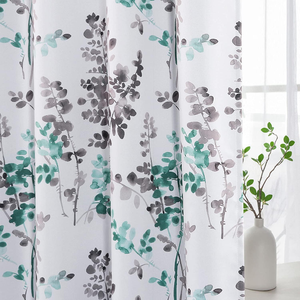 Blackout Grommet Curtains 84 Inch Long, Grey and Turquoise Floral Printing, 2 Panels B575