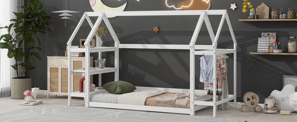 Twin House-Shaped Floor Bed Frame with 2 Detachable Stands White A733