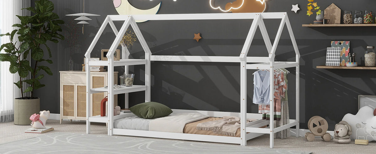 Twin House-Shaped Floor Bed Frame with 2 Detachable Stands White A733