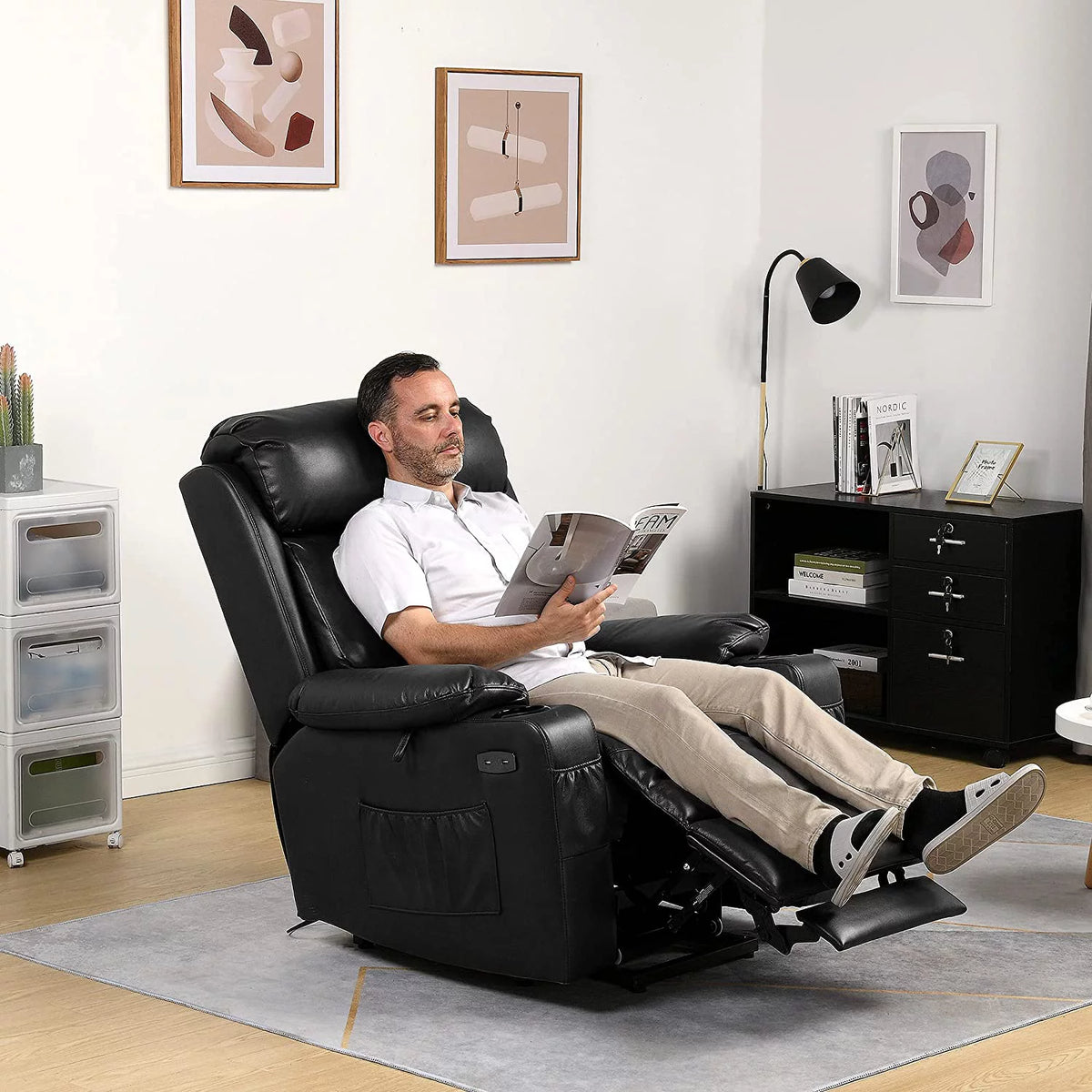 Black Faux Leather Power Lift Recliner Chair with Massage Heat T1896