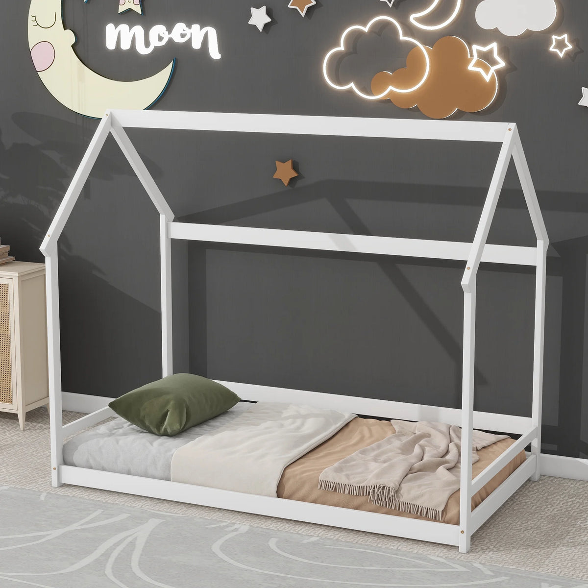 Twin House-Shaped Floor Bed Frame with 2 Detachable Stands White A733
