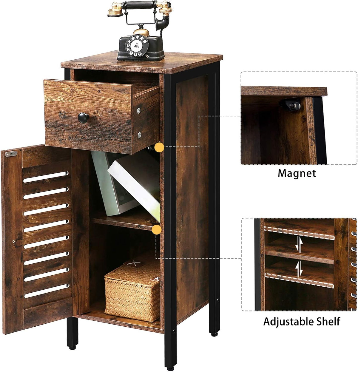 Rustic Brown Storage Cabinet with Drawer and Height-Adjustable Shelves O2690