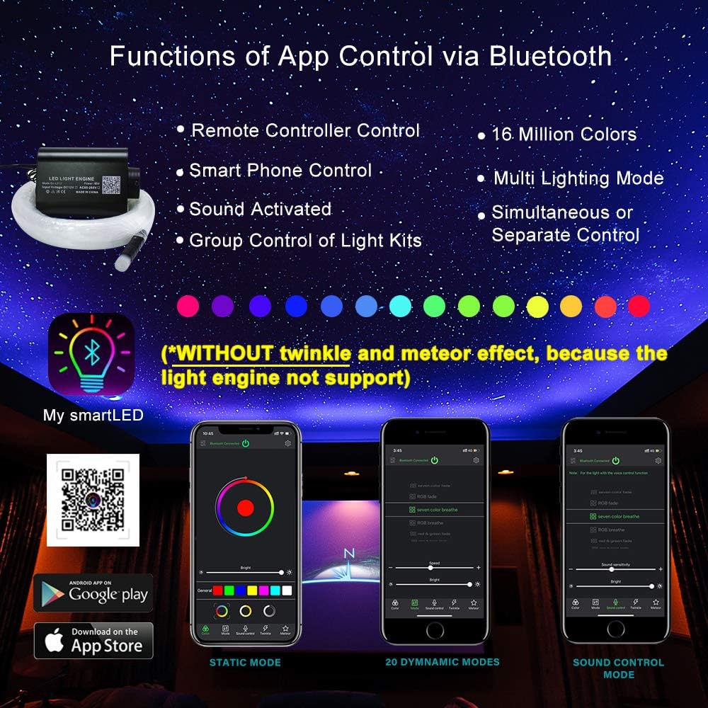 16W Fibre Optic Star Ceiling Light Kit RGBW Sound Sensor with Remote and Fiber Cable 550pcs 0.75mm 13.1ft/4m Q881