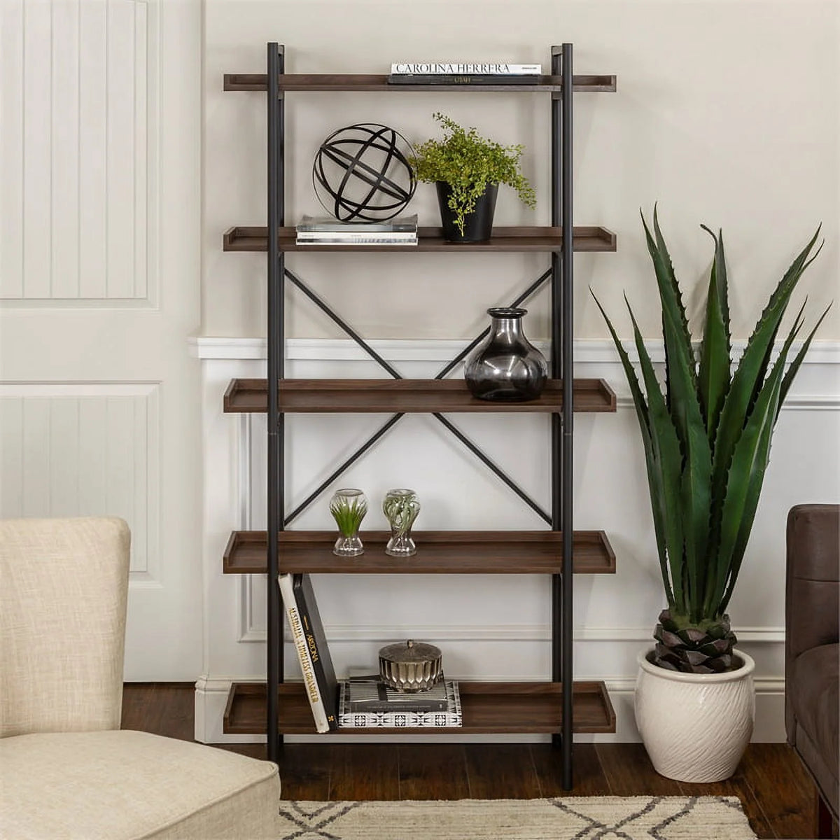 5 Shelf Dark Walnut Wood Bookshelf Set of 2 Y927