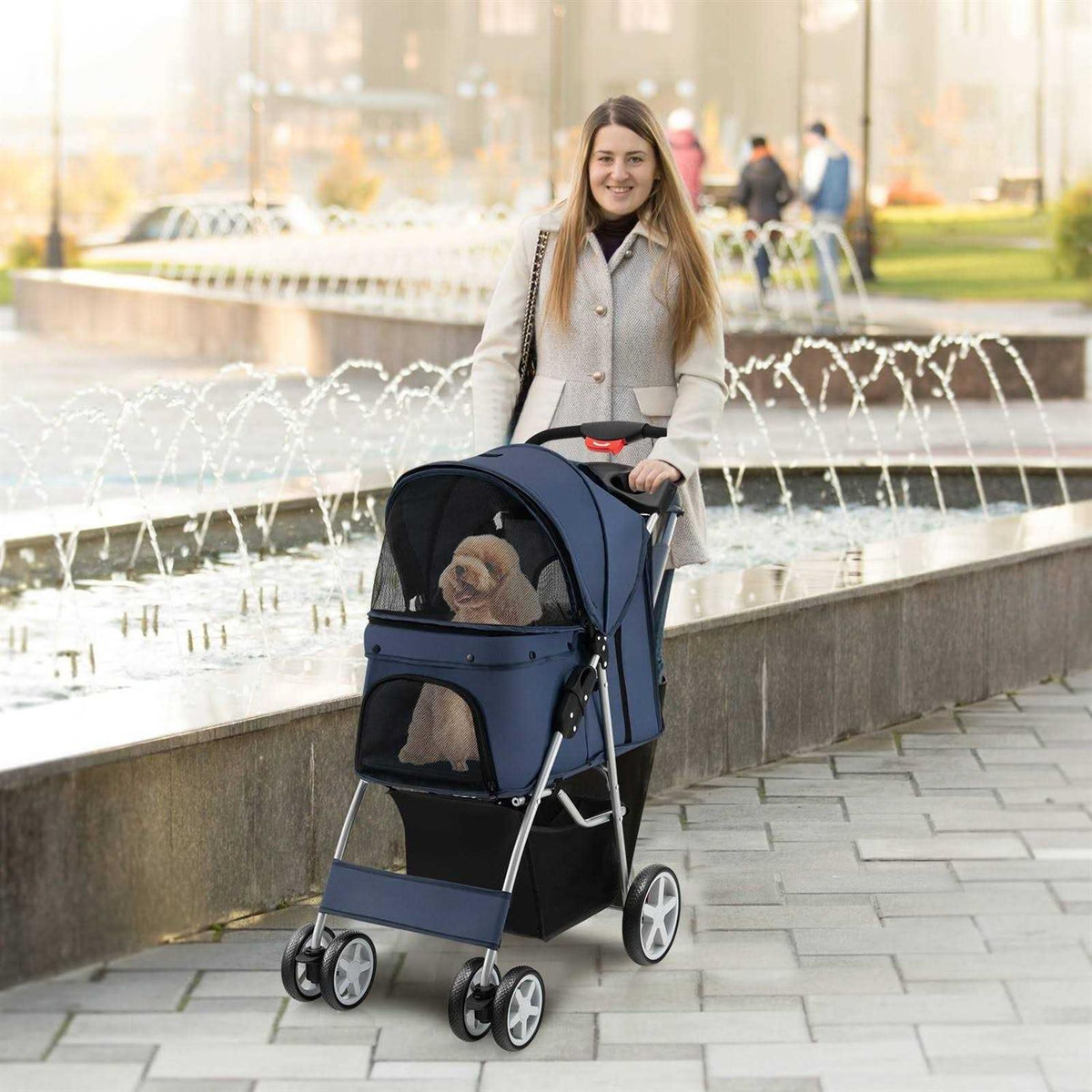 Foldable 4-Wheel Pet Stroller with Storage Basket Y2496