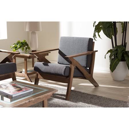 Grey Fabric and Walnut Brown Wood 1-Seater Lounge Chair Z749