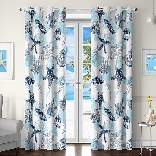 Blue and White 50% Light Blocking Curtains, 2 Panels, 52x96 Inches D896