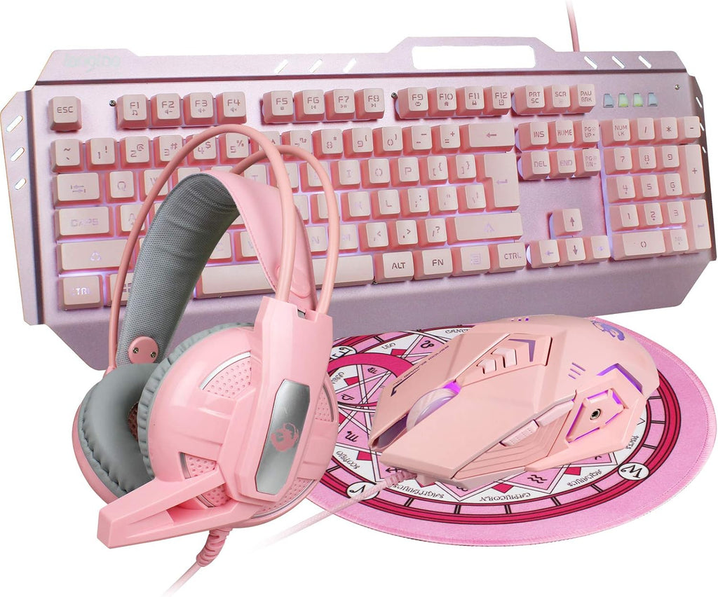 Pink 4-in-1 Gaming Keyboard Mouse Headset Combo, White Led Backlit 104 Keys Ergonomic Gamer Keyboard, 4800DPI Optical Game Mouse, 3.5mm Stereo Headset Z683117