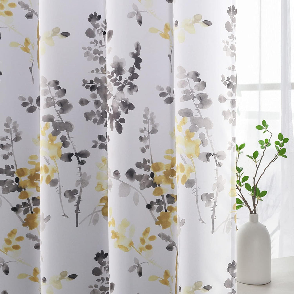 Blackout Grommet Curtains 84 Inch Long, Grey and Turquoise Floral Printing, 2 Panels B575