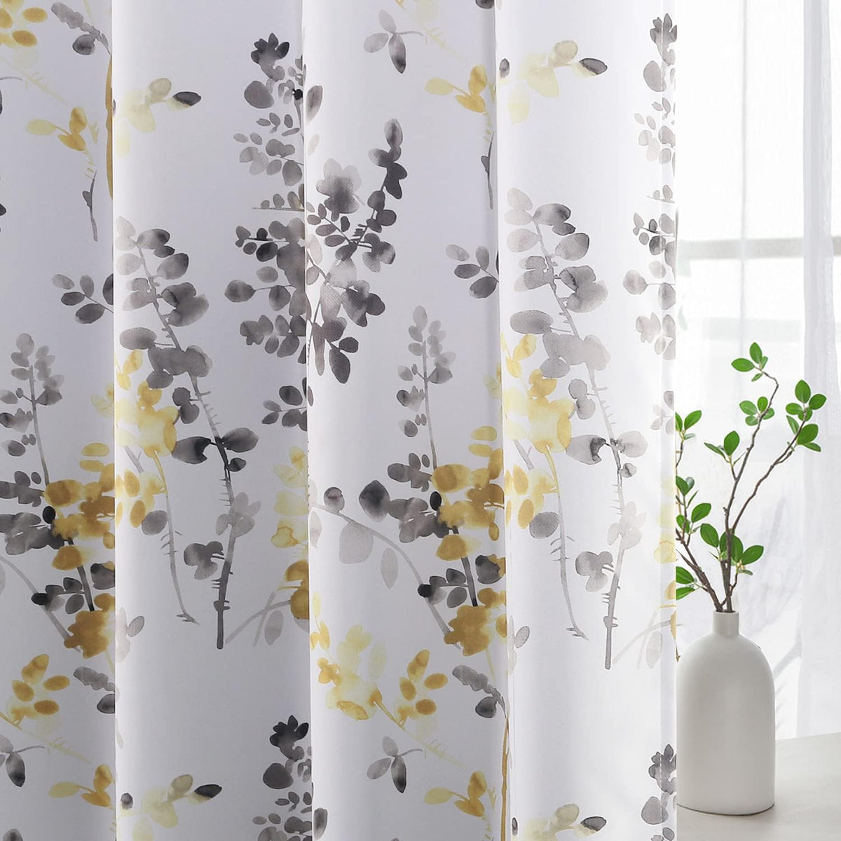 Blackout Grommet Curtains 84 Inch Long, Grey and Turquoise Floral Printing, 2 Panels B575