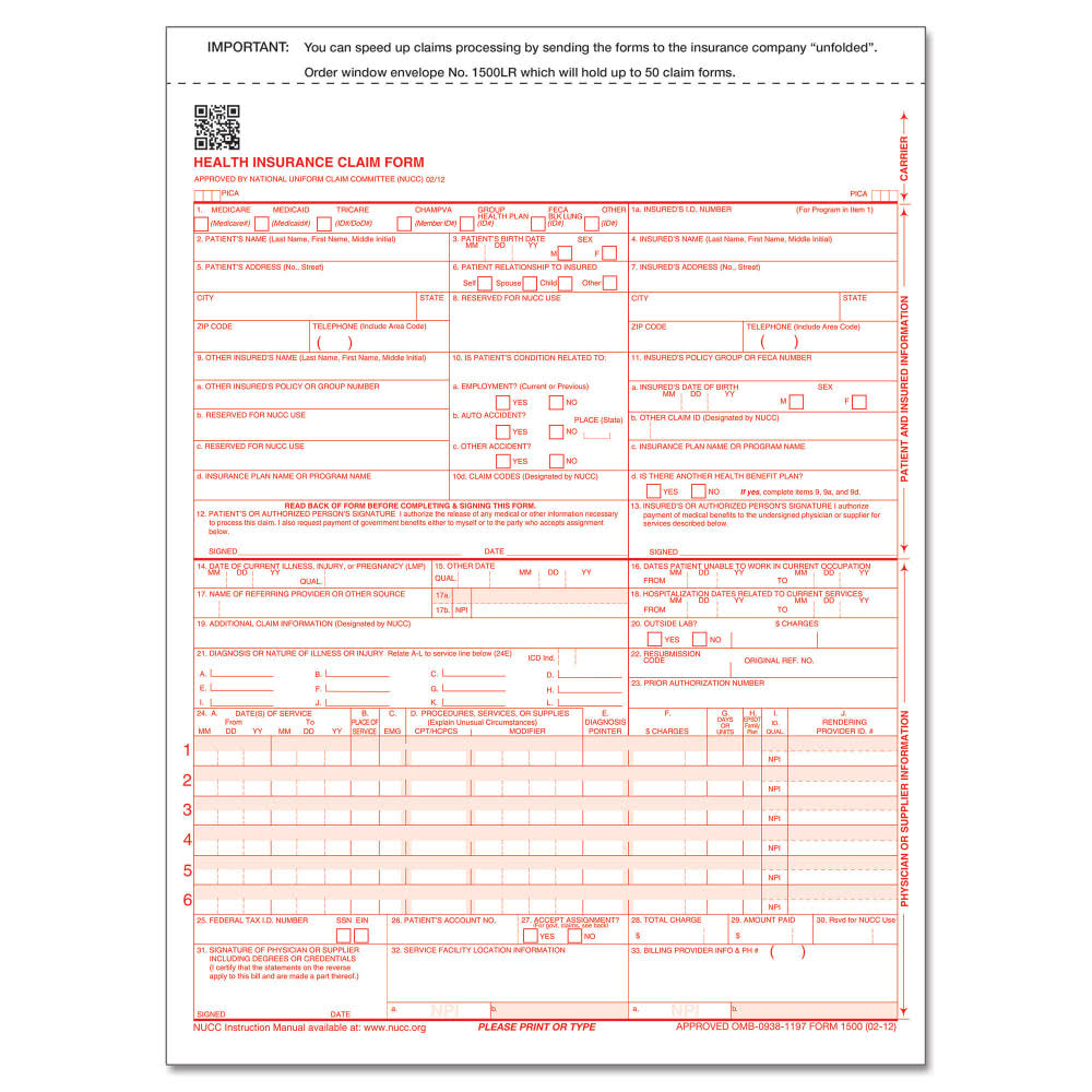 CMS-1500 Health Insurance Claim Form 2-Part White Canary Pack of 500 U47381