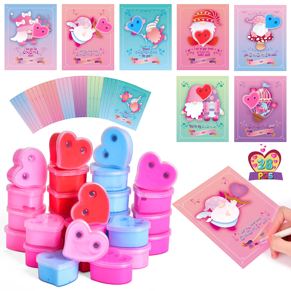 28Pcs Valentine Heart Butter Slime with Gnome Cards W284575