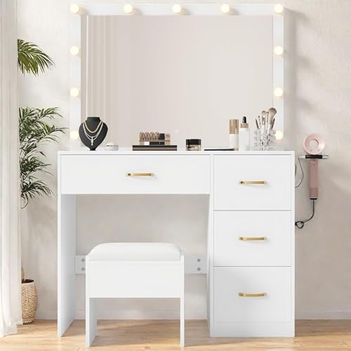 White Vanity Desk with LED Mirror and 4 Drawers P4859