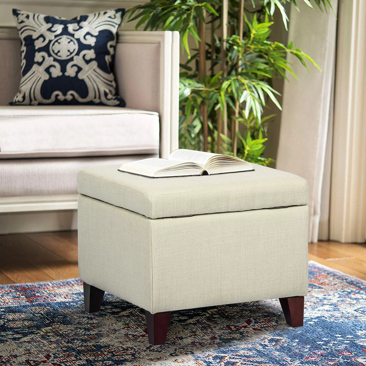 White Square Fabric Storage Ottoman J1499