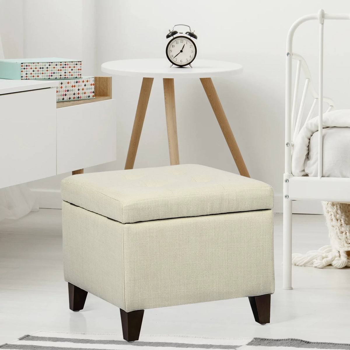 White Square Fabric Storage Ottoman J1499